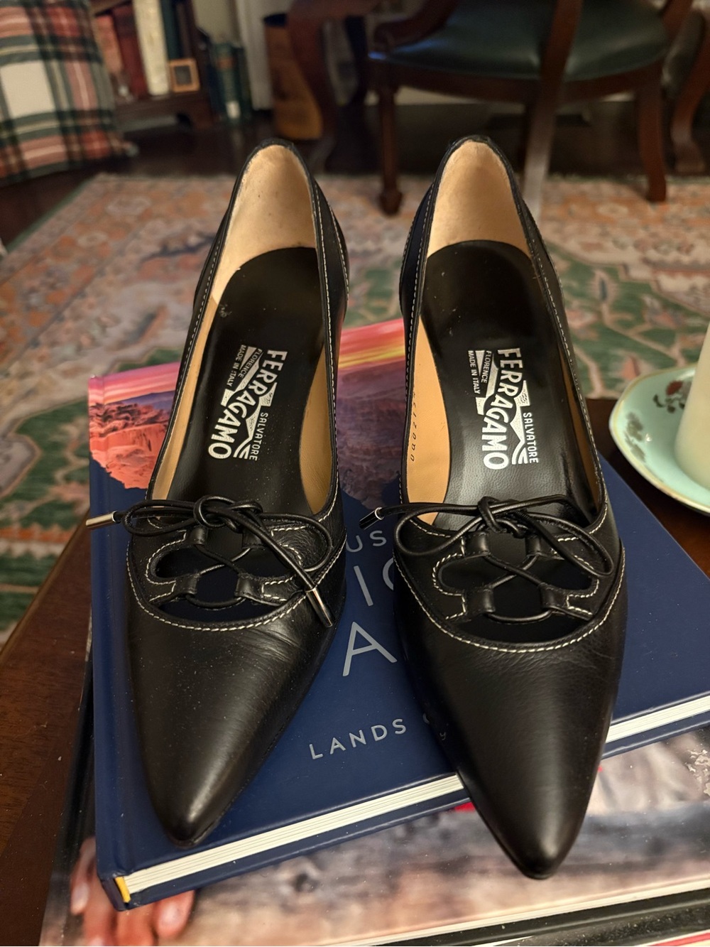 Salvatore Ferragamo Black Leather Pointed Toe Pumps with Low Heel